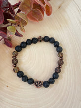 Load image into Gallery viewer, Black Lava Stone, Matte Agate And Copper Beaded Stretch Bracelet