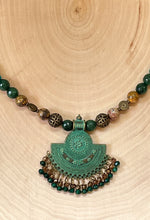 Load image into Gallery viewer, Oxidized Brass Pendant, Jade, Turquoise, Citrine Choker Necklace