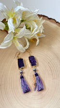 Load image into Gallery viewer, Purple Druzy and Silk Tassel Dangle Earrings