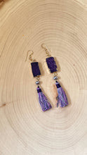 Load image into Gallery viewer, Purple Druzy and Silk Tassel Dangle Earrings