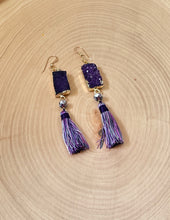 Load image into Gallery viewer, Purple Druzy and Silk Tassel Dangle Earrings