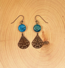Load image into Gallery viewer, Antique Brass Filigree and Blue Jasper Dangle Earrings