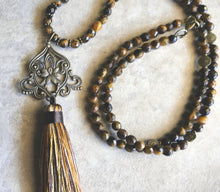 Load image into Gallery viewer, Vintage Chandelier Earrings Antique Brass And Tiger Eye Beads