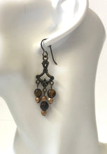 Load image into Gallery viewer, Vintage Chandelier Earrings Antique Brass And Tiger Eye Beads