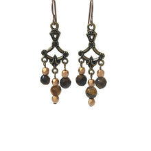 Load image into Gallery viewer, Vintage Chandelier Earrings Antique Brass And Tiger Eye Beads