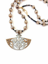 Load image into Gallery viewer, Asian Fan Beaded Necklace| Crystal And Brass| Japanese Fan Pendant
