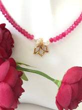 Load image into Gallery viewer, Ruby Choker Necklace With Genuine Pearls And Gold Lotus Charm