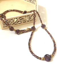 Load image into Gallery viewer, Long Crystal Necklace In Purple And Gold Floral Beads