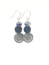 Load image into Gallery viewer, Dangle Ear Rings With Navy Blue Pave And Antique Silver Beads