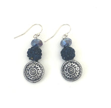 Load image into Gallery viewer, Dangle Ear Rings With Navy Blue Pave And Antique Silver Beads