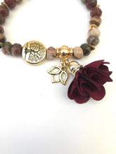 Load image into Gallery viewer, Beaded Jasper Gemstone Stretch Bracelet With Tree Of Life And Lotus Charm And Tassel
