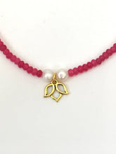 Load image into Gallery viewer, Ruby Choker Necklace With Genuine Pearls And Gold Lotus Charm