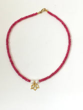 Load image into Gallery viewer, Ruby Choker Necklace With Genuine Pearls And Gold Lotus Charm