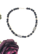 Load image into Gallery viewer, Black Lava Stone And Silver Beaded Stretch Bracelet