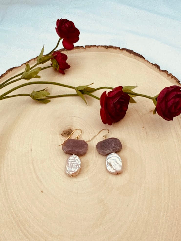 Peach Moonstone and Natural Pearl Dangle Earrings