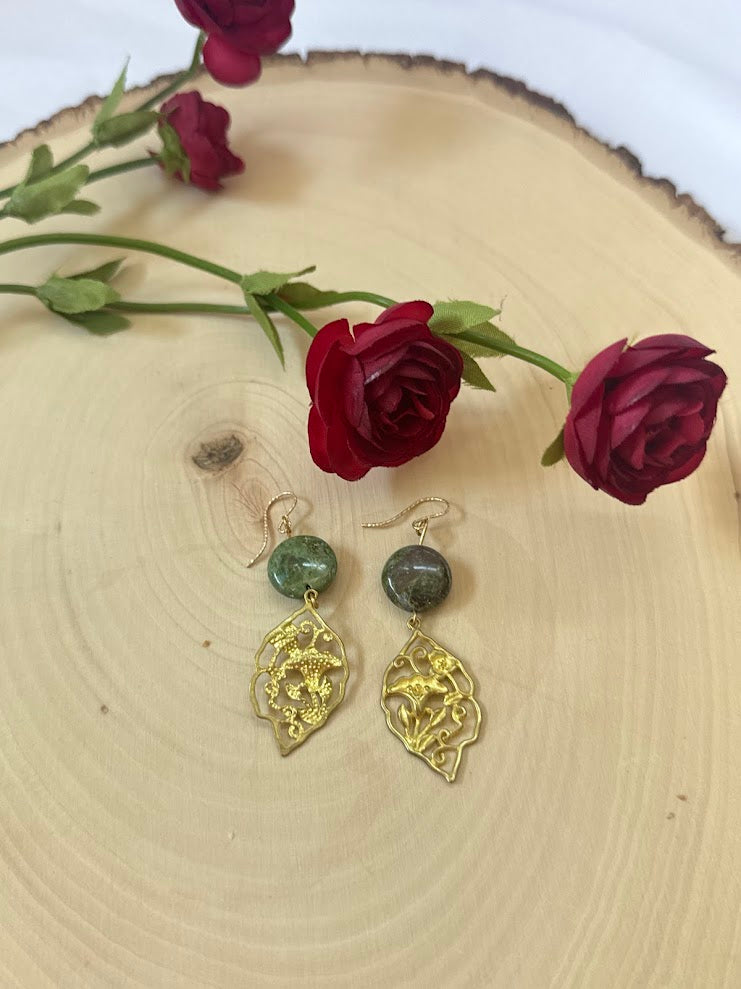 Vintage Brass And Fancy Jasper Chandelier Ear Rings