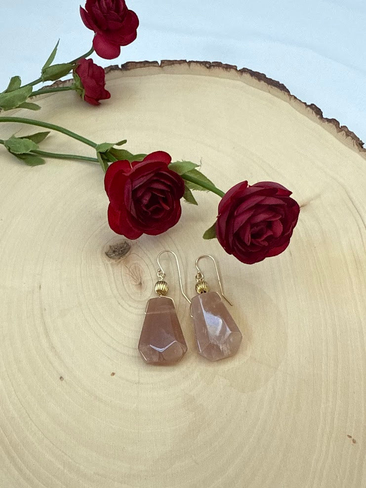 Peach Moonstone and Gold Dangle Earrings