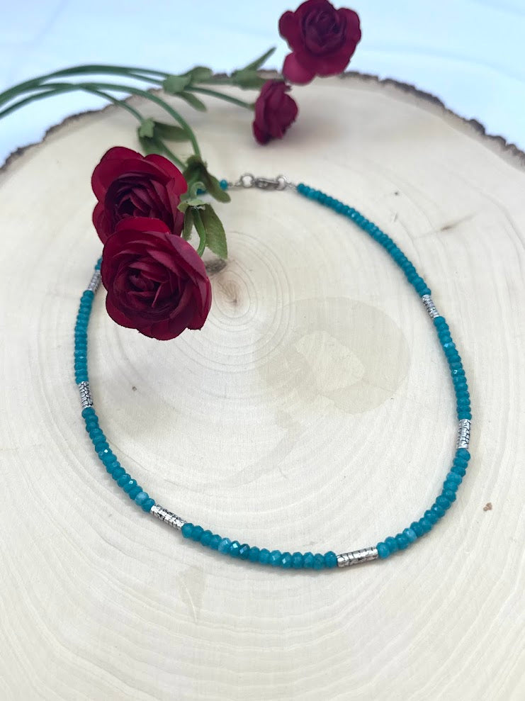 Aqua Jade and Silver Plated Beaded Choker Necklace