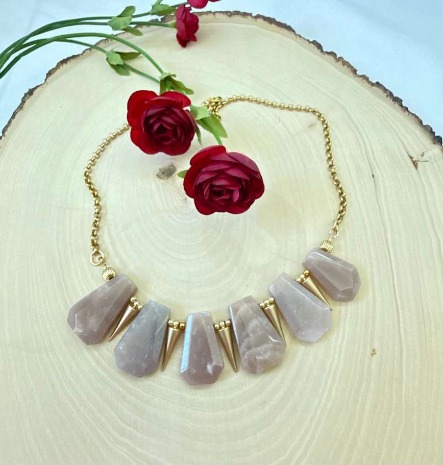 Peach Moonstone and Gold Statement Necklace