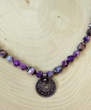 Load image into Gallery viewer, Beaded Lacey Agate Gemstone Choker Necklace With Asian Coin Pendant

