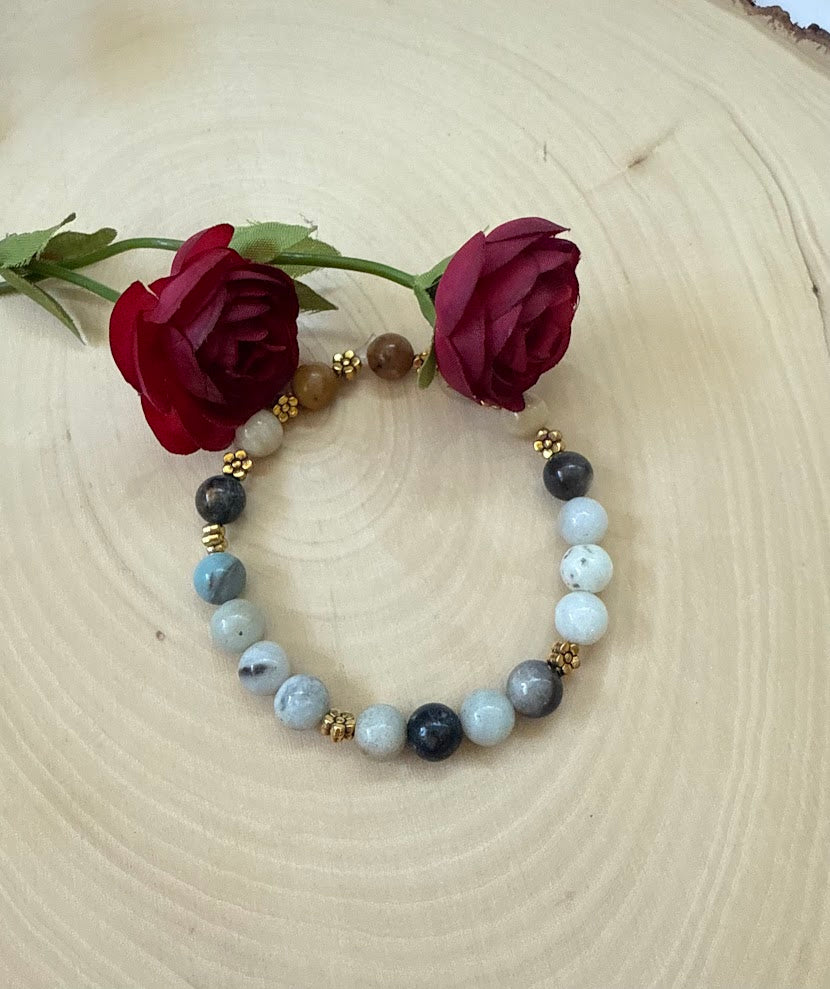 Blue Agate And Gold Flower Beaded Bracelet