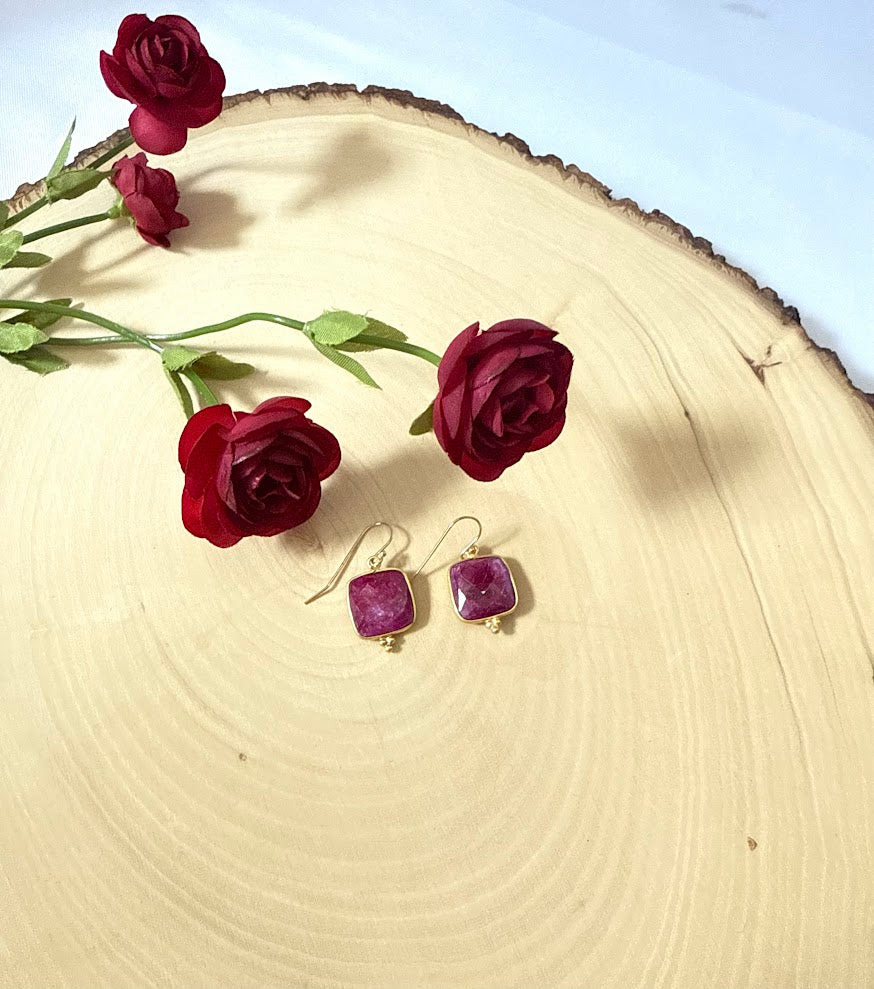 Genuine Square Ruby Gemstone Dangle Earrings