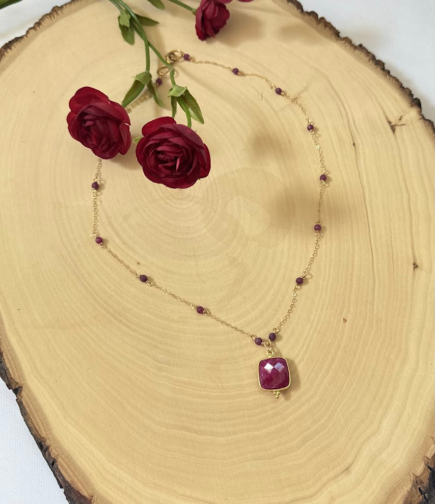 Genuine Square Ruby Gemstone Pendant Necklace