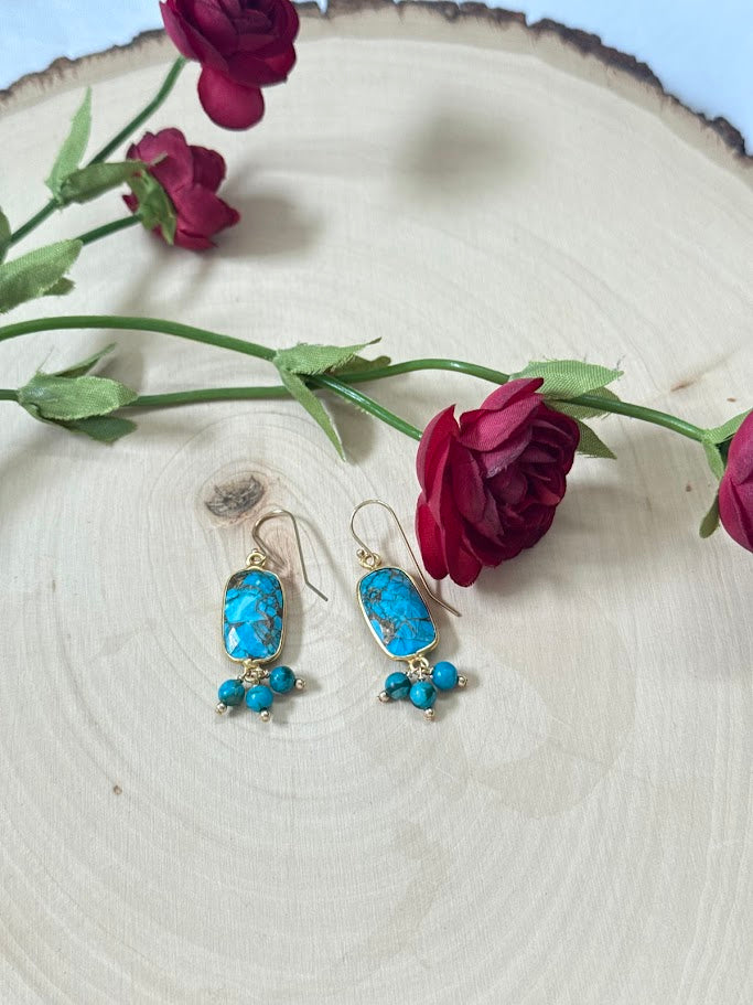 Genuine Turquoise Gold Bezel Gemstone Dangle Earrings