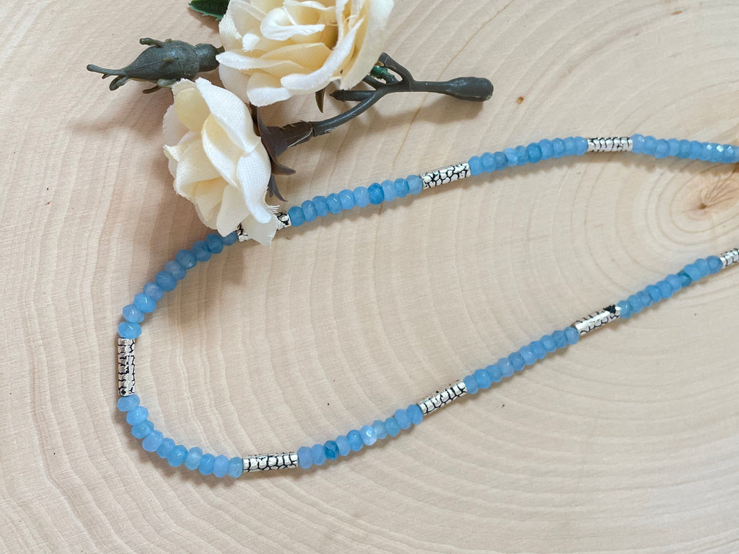 Aquamarine And Silver Plated Beaded Choker Necklace