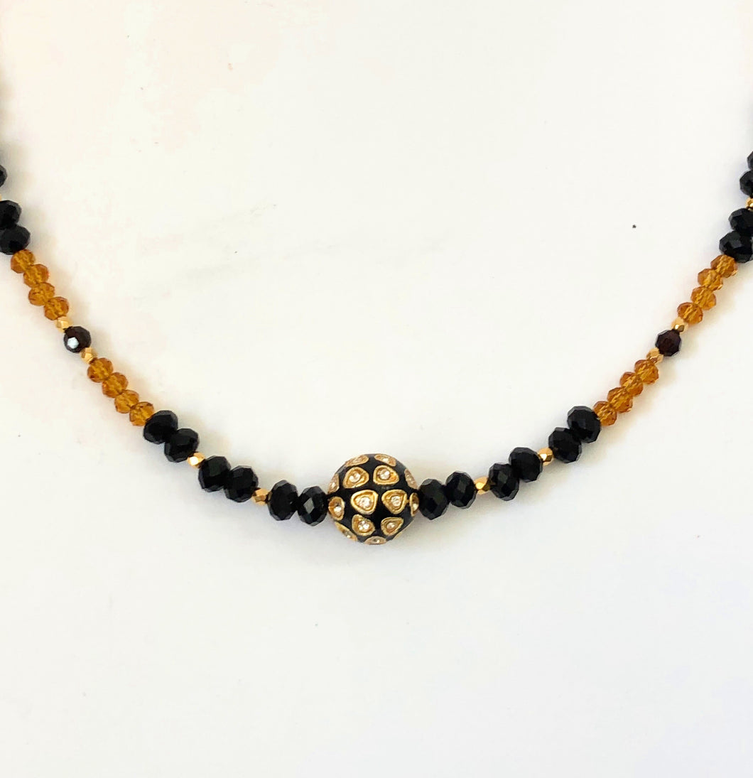 Black Enameled Bejeweled Round Pendant And Crystal Choker Necklace