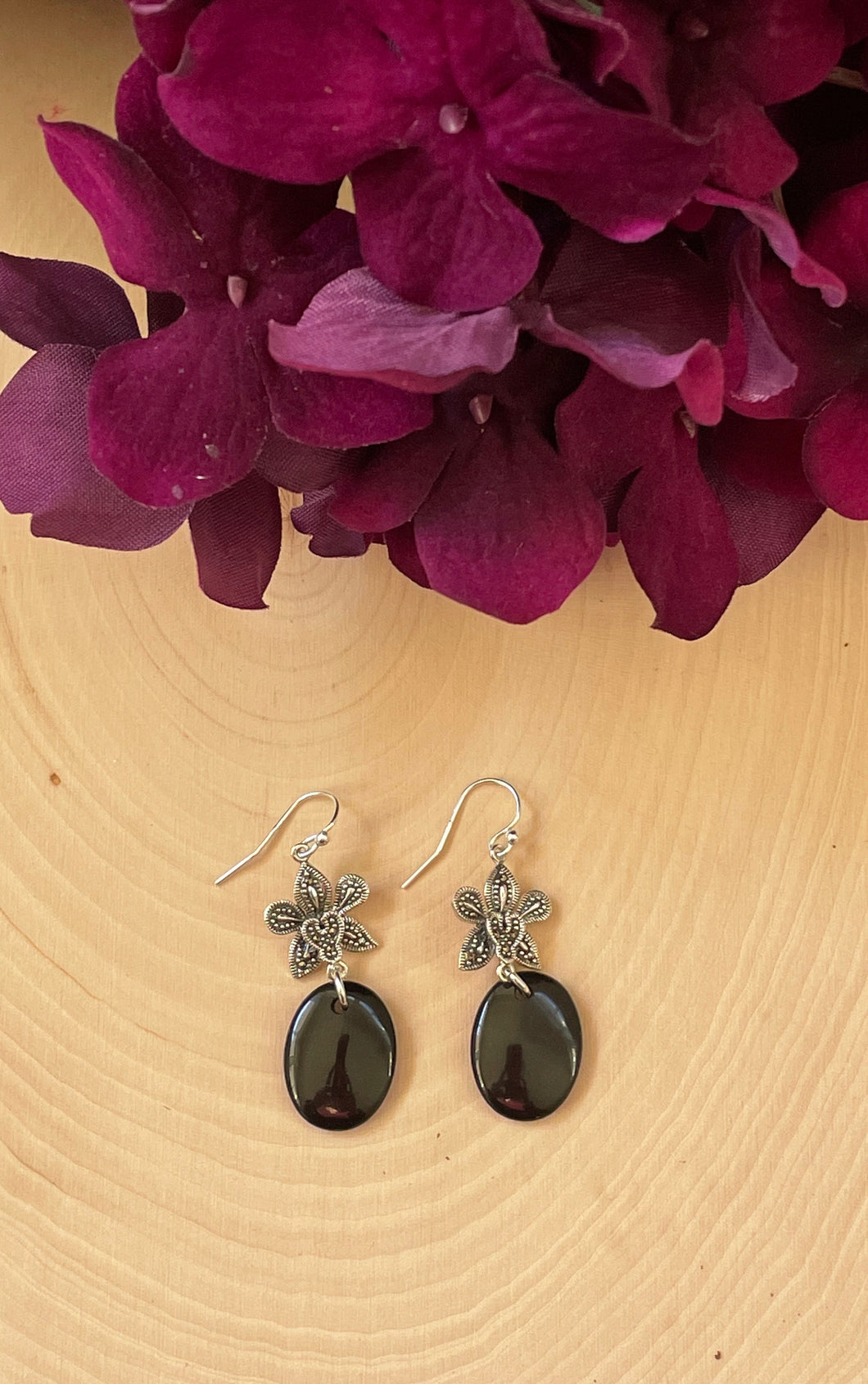 Black Onyx And Silver Marcasite Dangle Earrings