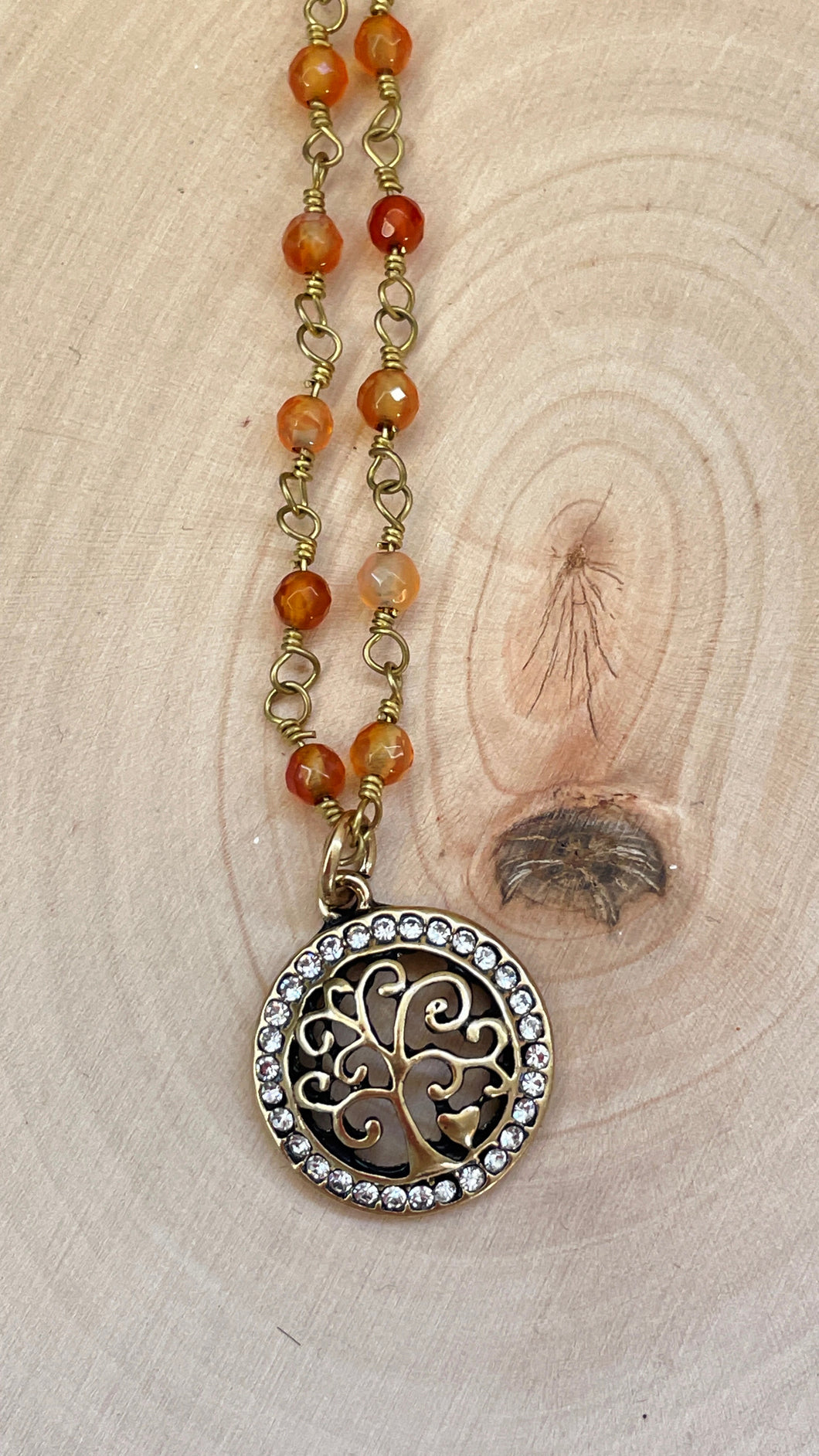 Carnelian Beaded Chain Necklace with Tree of Life Pendant