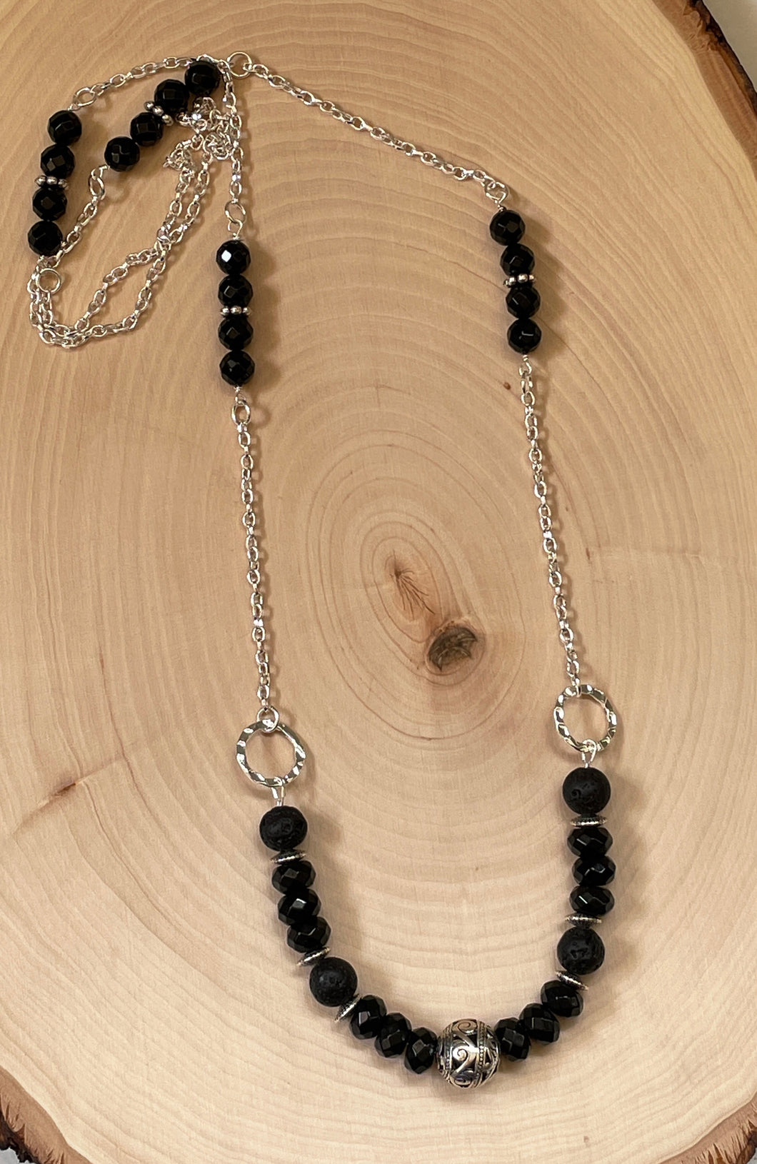 Silver Plated Onyx and Lava Bead Long Necklace