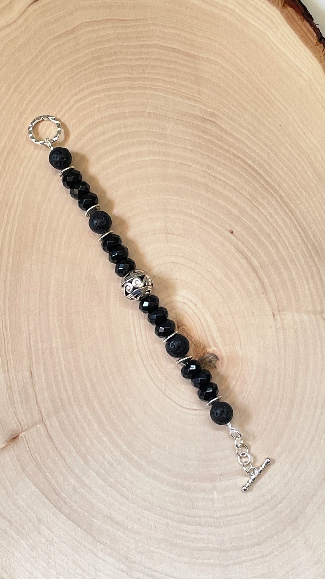 Silver Plated Onyx and Lava Bead Clasp Bracelet