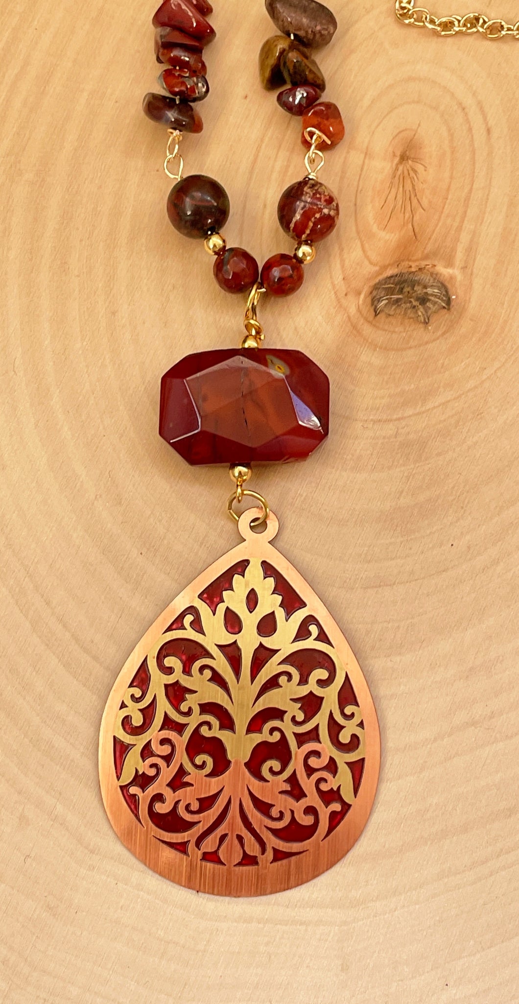 Enameled Red Brass Pendant With Mookanite Beaded Chain