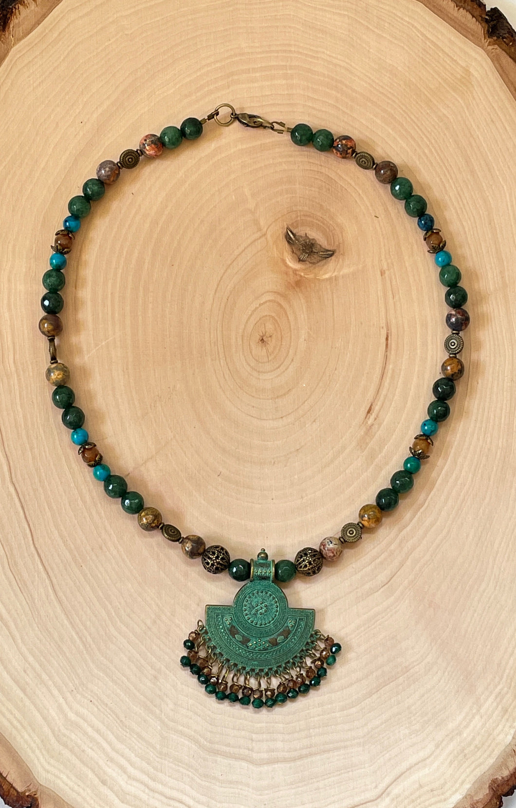Oxidized Brass Pendant, Jade, Turquoise, Citrine Choker Necklace