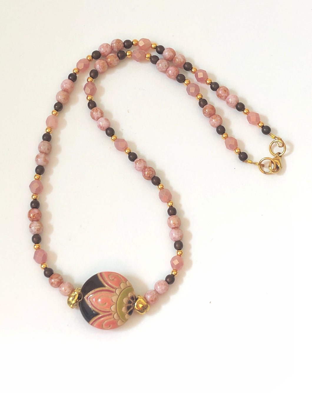Pink Ceramic Bead Pendant Necklace (Mid Length)