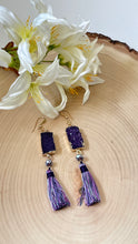 Load image into Gallery viewer, Purple Druzy and Silk Tassel Dangle Earrings
