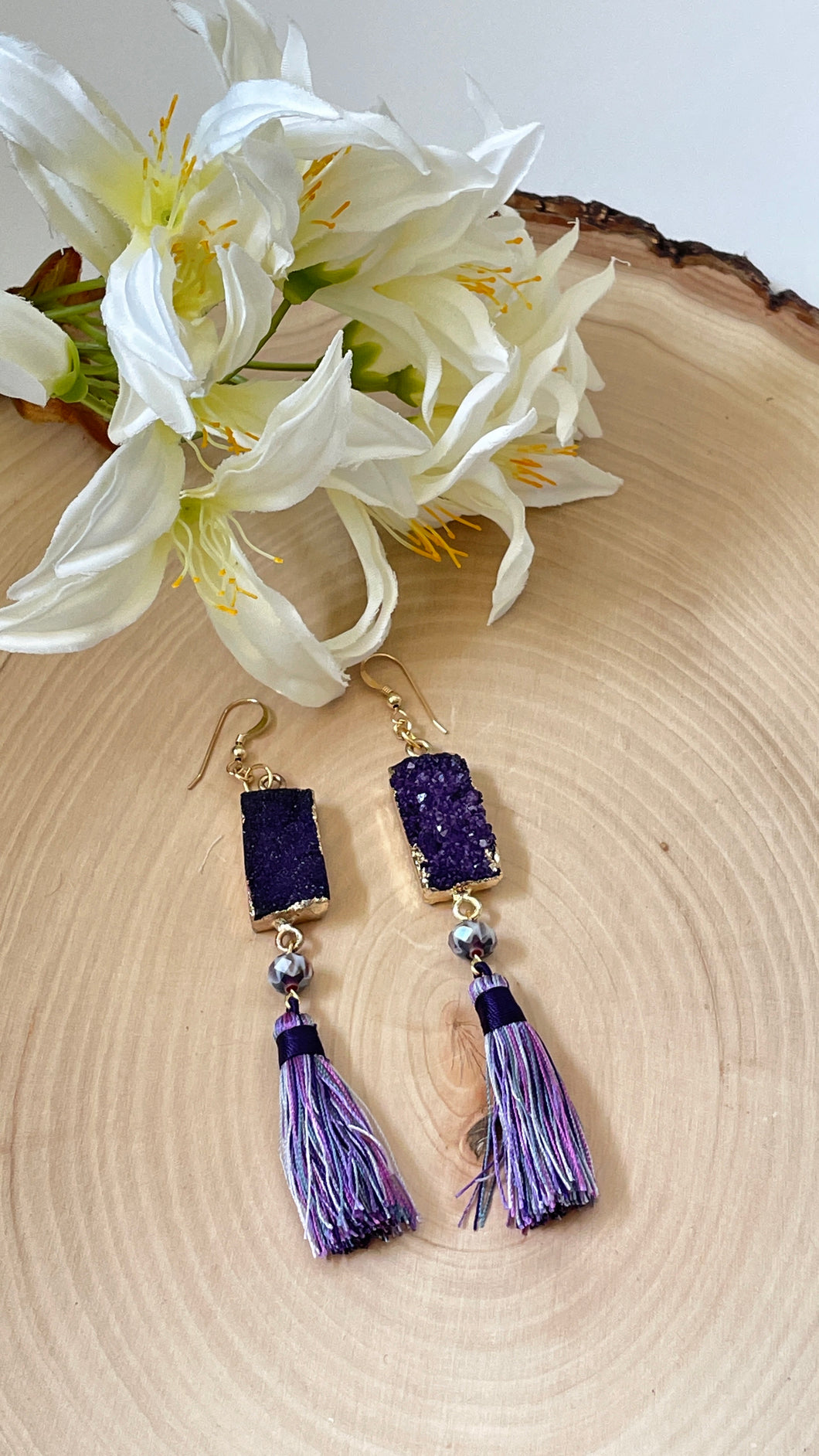 Purple Druzy and Silk Tassel Dangle Earrings