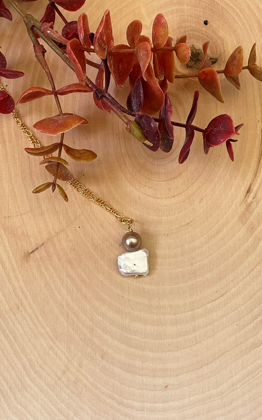Square Pearl And Brown Round Pearl Pendant on Chain