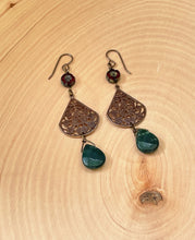 Load image into Gallery viewer, Antique Brass Filigree and Tear Drop Green Jasper Dangle Earrings

