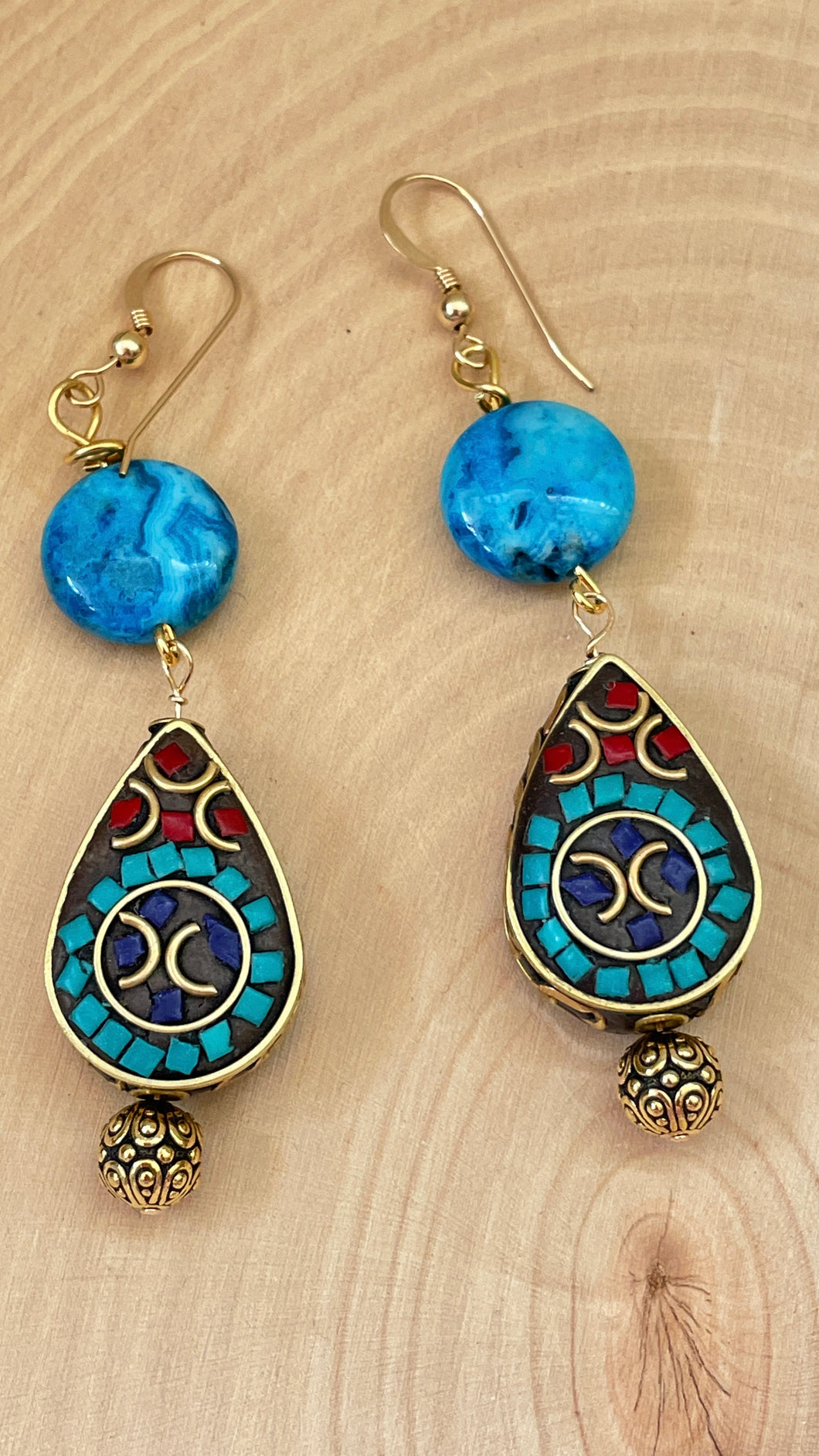 Tibetan Style Inlaid Bead and Jasper Dangle Earrings