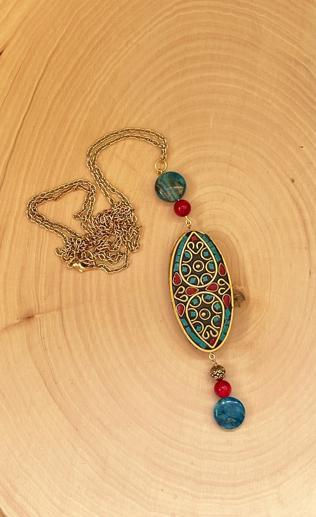 Tibetan Style Inlaid Bead and Jasper Pendant Necklace