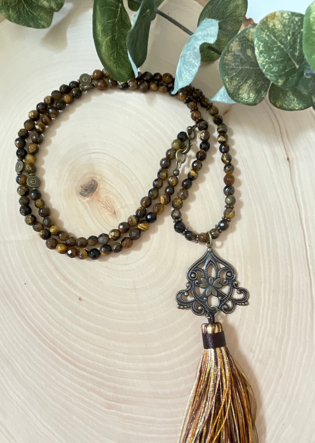 Vintage Long Necklace With Beautiful Tiger Eye And Tassel