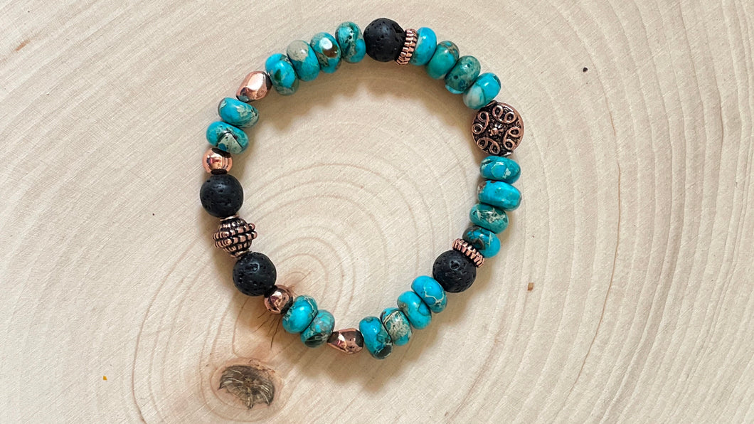 Turquoise Agate, Lava and Copper Bead Bracelet