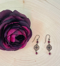 Load image into Gallery viewer, Vintage Look Dangle Ear Rings with Brass Filigree Links and Burgundy Beads

