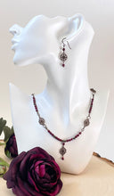 Load image into Gallery viewer, Vintage Look Dangle Ear Rings with Brass Filigree Links and Burgundy Beads
