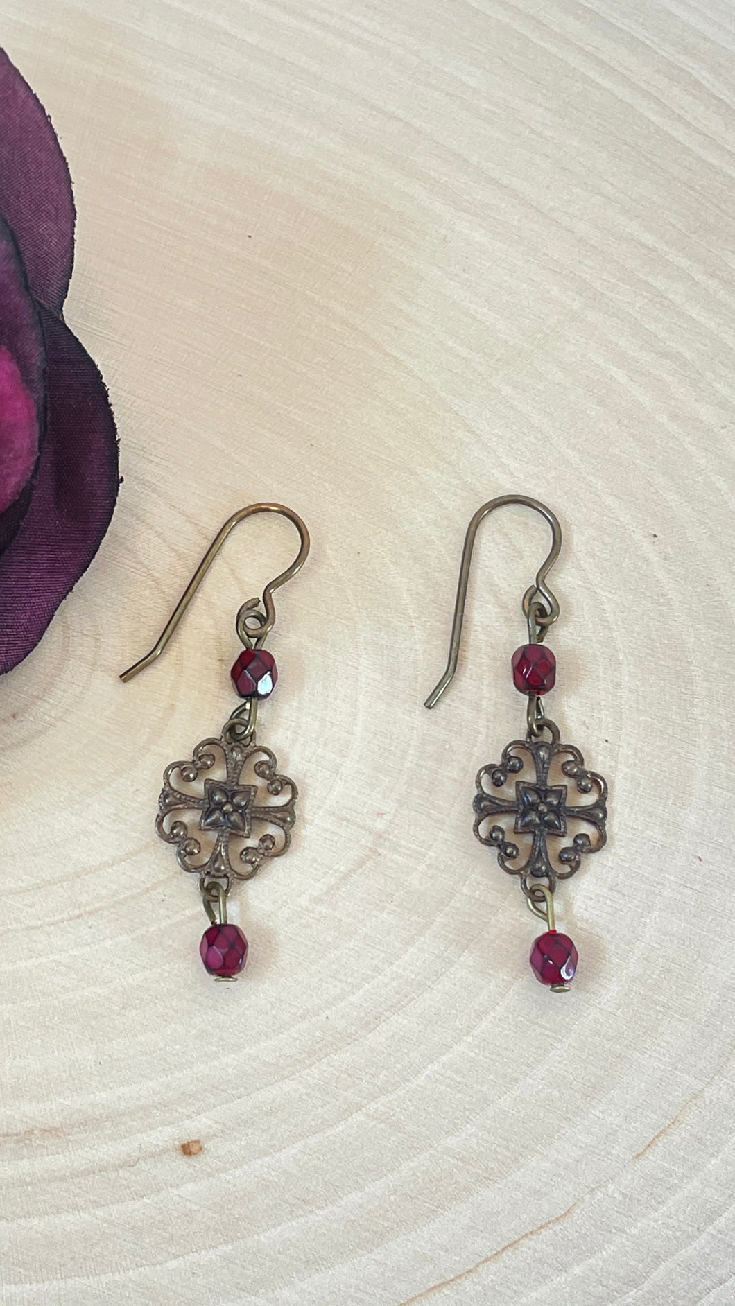 Vintage Look Dangle Ear Rings with Brass Filigree Links and Burgundy Beads
