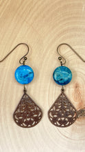 Load image into Gallery viewer, Antique Brass Filigree and Blue Jasper Dangle Earrings
