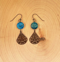 Load image into Gallery viewer, Antique Brass Filigree and Blue Jasper Dangle Earrings
